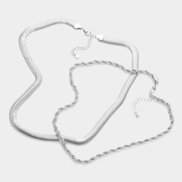 Silver 2 Piece Layered Twisted Necklace Rope Chain Snake Simple Casual Metal - Picture 2 of 2